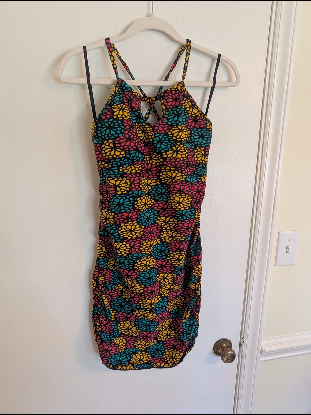 Floral Print Strappy Mini Dress in Pink, Teal, and Yellow